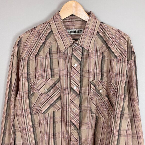 Vintage Trailblazer Western Shirt Plaid‎ Men Size XL Neutral Muted Rockabilly - Picture 4 of 9